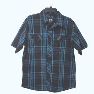 Micros Mens Plaid Button Down Short Sleeve Shirt Casual Black Blue